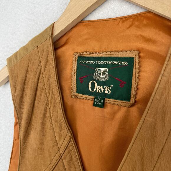 ORVIS Vest Mens S Leather Cargo Hunting Safari Utility Shooting Lined Brown - Picture 9 of 14